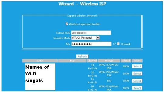 Konfiguracja w trybie Wireless ISP Po kliknięciu pola Wireless ISP na dole ekranu powinno pojawić się okno konfiguracji z wszystkimi dostępnymi sieciami Wi-Fi.