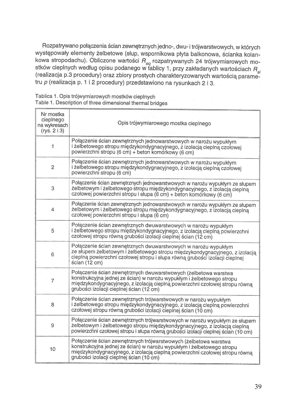 Rozpatrywano połączenia ścian zewnętrznych jedno-, dwu- i trójwarstwowych, w których występowały elementy żelbetowe (słup, wspornikowa płyta balkonowa, ścianka kolankowa stropodachu).