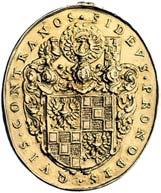 szarfà na piersi i napis w otoku GEORG RUDOLF D G DUX SILES LEGNICEN ET BREGEN, Rw: Ozdobna tarcza zwieƒczona trzema