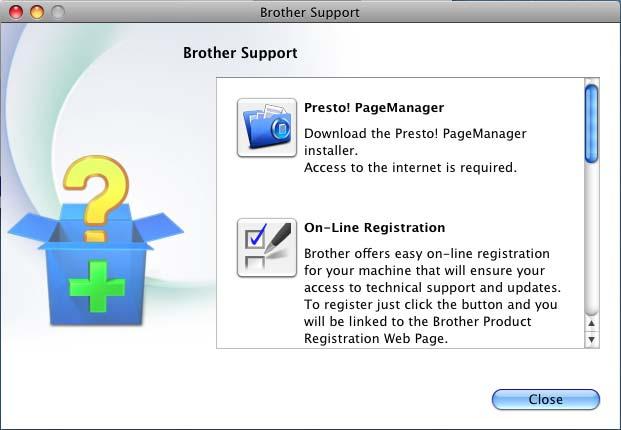 Wyświetlony zostanie następujący ekran: Korzystanie ze wsparcia technicznego firmy Brother (Macint