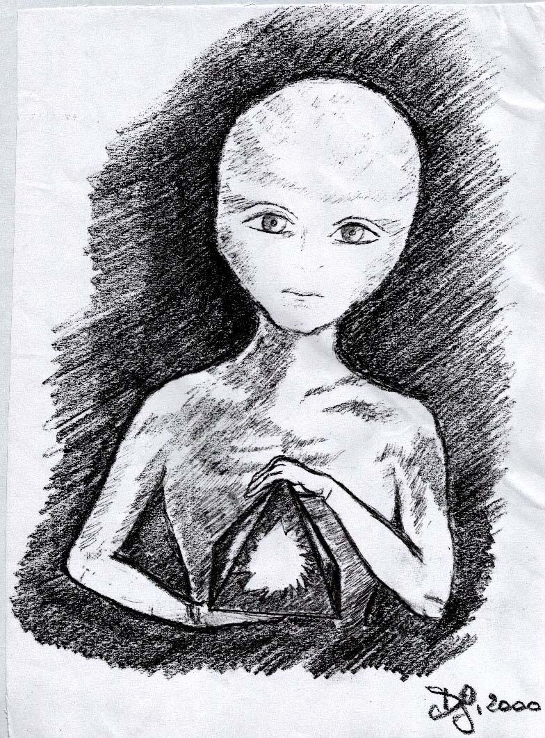 5021-[7/2] Rys. C1 z [7/2]: Mały biały ludzik z niebieskimi oczami trzymający w rękach piramidę telepatyczną. Powyższą ilustrację sporządziła osobiście Daniela w dniu 30 marca 2000 roku.