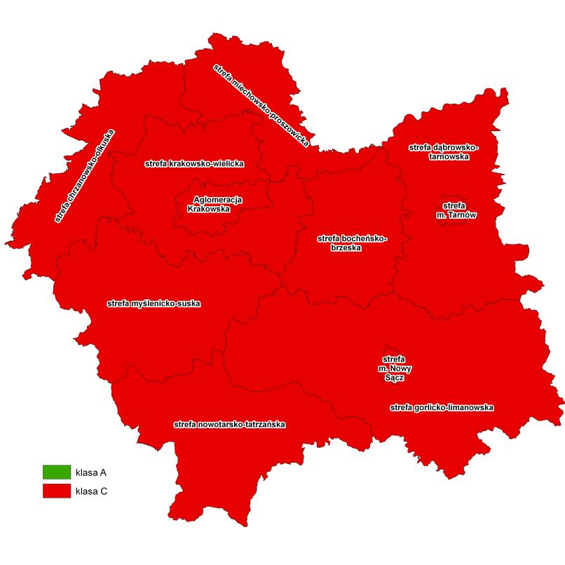 10 Informacja o stanie środowiska miasta Tarnów Mapa. Klasyfikacja stref dla pyłu PM10 i benzo/a/pirenu kryterium ochrona zdrowia w 2009 roku w województwie małopolskim 1.4.
