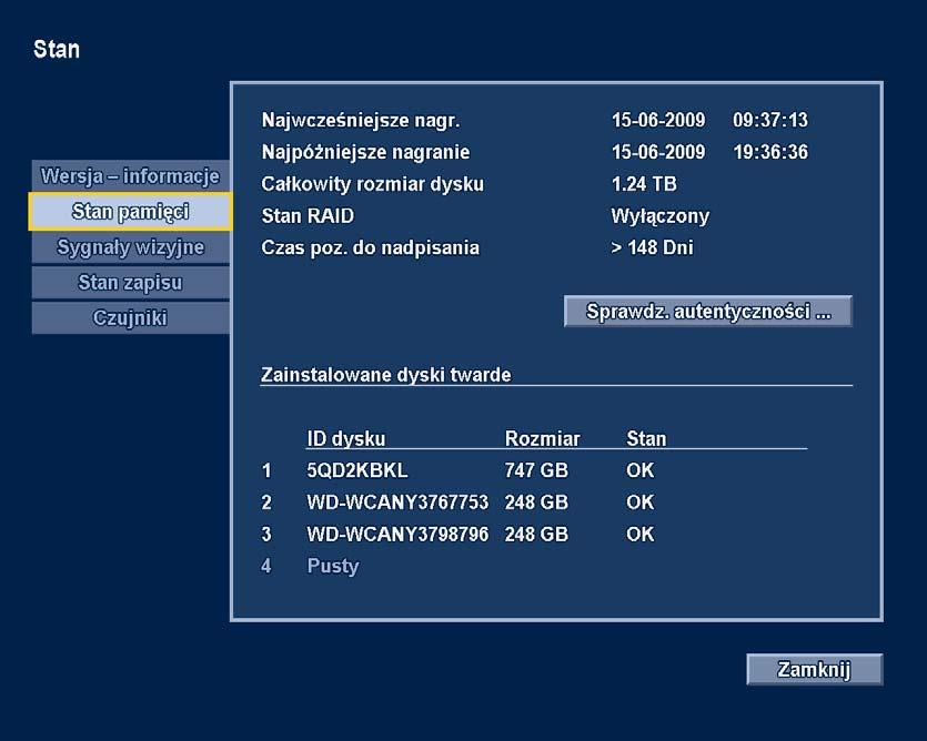 30 pl Instrukcja obsługi Divar XF Menu Informacje o systemie jest dostępne z poziomu menu nadrzędnego.