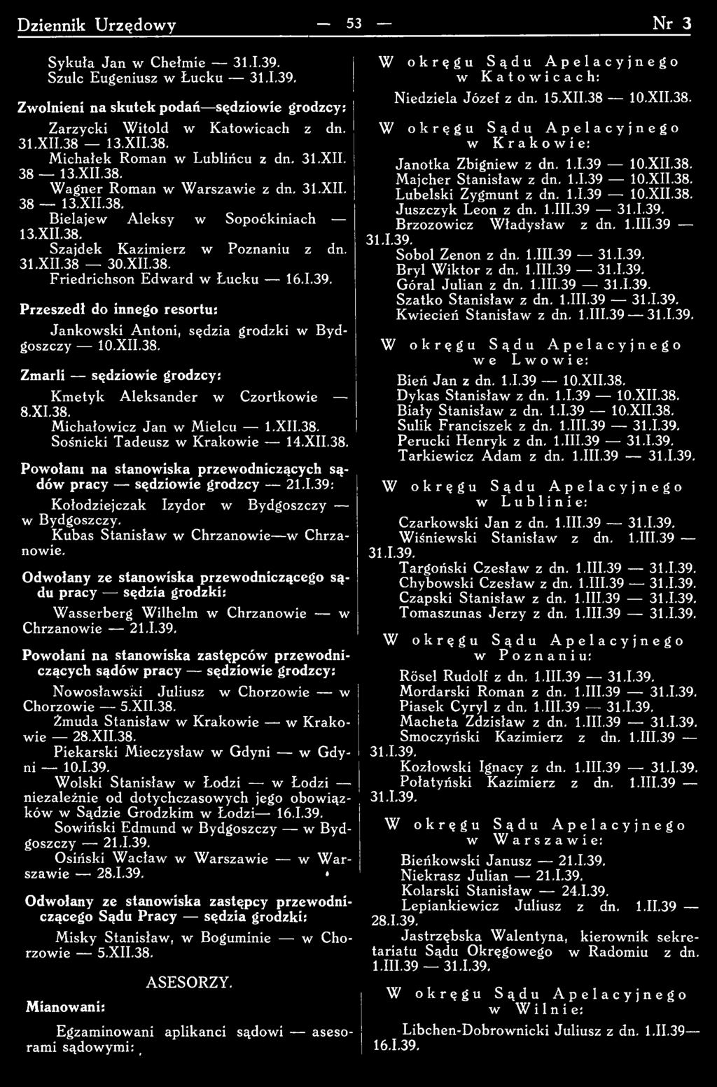 Odwołany ze stanowiska przewodniczącego sądu pracy sędzia grodzki: W asserberg Wilhelm w Chrzanowie w Chrzanowie 21.1.39.