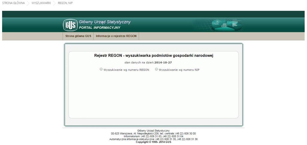 Rys. 133 Menu górne: Wyszukiwarka REGON, NIP 2. W aplikacji SIOEPKZ wyświetlona jest strona Głównego Urzędu Statystycznego, oraz jej wyszukiwarka. Rys.