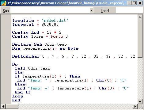 Program 18 MSB LSB 111111 25 Temperatura(2) Temperatura(1) konfiguracja linii magistrali 1-Wire procedura odczytu temperatury z układu DS182 tablica dwóch zmiennych typu Byte do