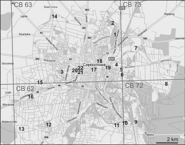 K. Nowak Ryc. 1. Położenie stanowisk badawczych na obszarze Częstochowy w układzie UTM (objaśnienia symboli w tabeli 1). Fig. 1. Location of sampling sites within the suburban (sites 1 16) and urban area (17 22) of Częstochowa in UTM grid (for explanations see Table 1).