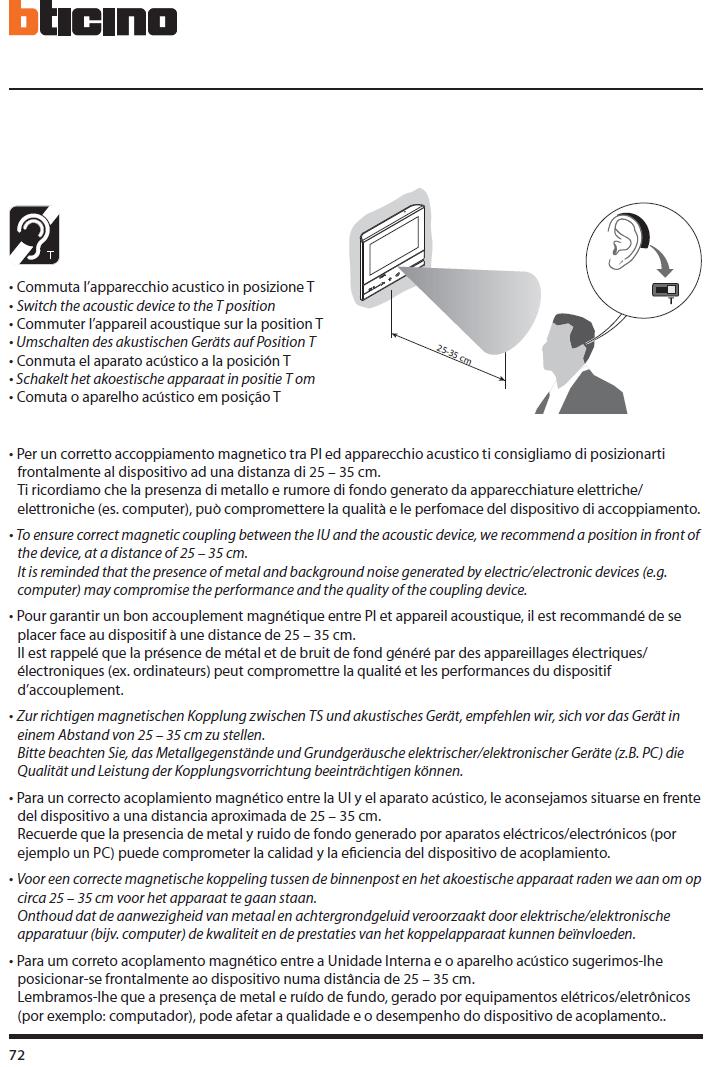 Pętla indukcyjna Ustawić przełącznik aparatu słuchowego w pozycji T Aby zapewnić prawidłowe sprzężenie między aparatem wewnętrznym a aparatem słuchowym, zalecamy ustawienie się w odległości od 25 do