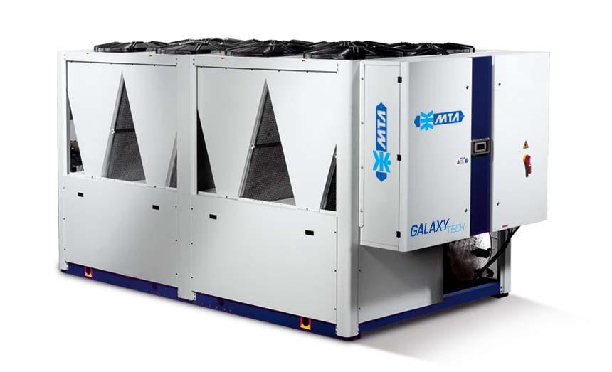 GALAXY TECH R410A Agregaty wody lodowej chłodzone powietrzem wyposażone w sprężarki spiralne w układzie tandem lub potrójnym. Wydajność chłodnicza 343-1008 kw.