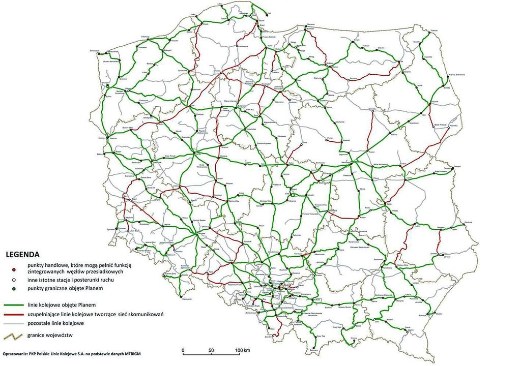 51 Rysunek 5. Planowana sieć pasażerskich kolejowych połączeń międzynarodowych i międzywojewódzkich objętych planem wraz z siecią uzupełniającą opartą o skomunikowania.