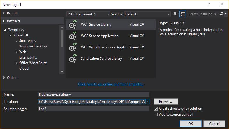 Rozdział 2 Komunikacja dwukierunkowa - kontrakty Po zalogowaniu się z menu start odnajdujemy program Microsoft Visual Studio 2010, lub nowszy. 2.1 Service Contract Z górnego menu wybieramy: File-> New Project.
