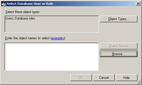 NaleŜy kliknąć przycisk Add. Pojawi się okno Select Database User or Role, w którym naleŝy wybrać przycisk Browse.