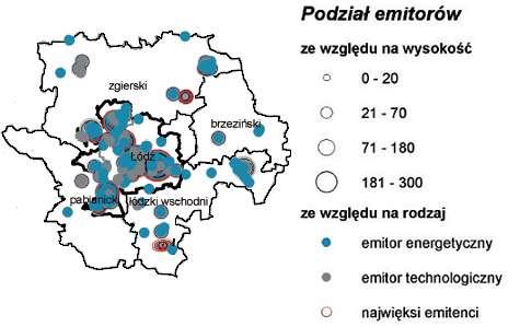 Rys. 27 Rozmieszczenie emitorów punktowych w powiatach Łódzkiego Obszaru Metropolitalnego w 2014 r. Źródło : Raport WIOŚ o stanie środowiska w województwie łódzkim 2014.