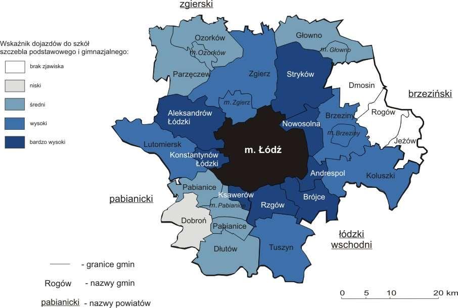 Rys. 9 Wielkość dojazdów do łódzkich szkół podstawowych i gimnazjalnych z gmin ŁOM w roku szkolnym 2011-2012 Źródło: Opracowanie na podstawie Bartosiewicz, 2012.
