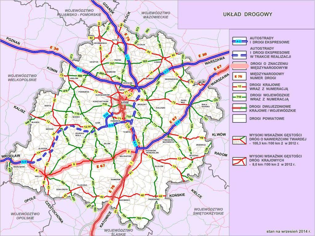 Rys. 19 Sieć głównych dróg kołowych Łódzkiego Obszaru Metropolitalnego Źródło: Okresowa ocena Planu Zagospodarowania Przestrzennego Województwa Łódzkiego W 2014 r.