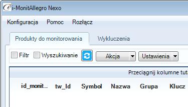 Funkcje programu W głównym oknie programu (rys. 19) mamy dwie zakładki w których mamy dostęp do wykazu produktów do monitorowania oraz wykazu wykluczonych aukcji i użytkowników z monitorowania. (rys. 19) Główne okno programu Produkty do monitorowania W zakładce na pasku narzędziowym (rys.