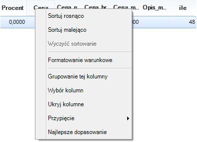 3.1.5. Ustawienia listy Widoczność kolumn można dostosować do własnych wymogów klikając prawym przyciskiem myszy na nagłówki kolumn i wybierając opcje Wybór kolumn (rys.