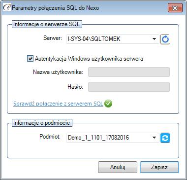 (rys. 7) Parametry połączenia do NEXO W zależności od konfiguracji serwera SQL możemy do zrealizowania połączenia zaznaczyć opcję Autentykacja