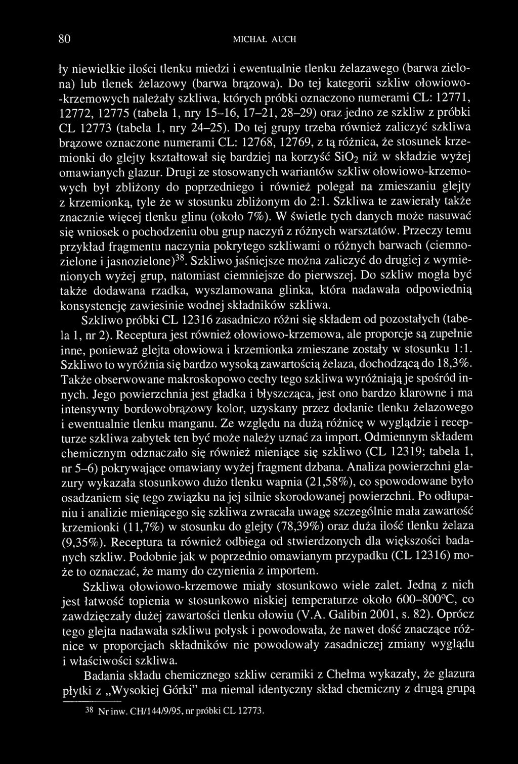80 MICHAŁ AUCH ły niewielkie ilości tlenku miedzi i ewentualnie tlenku żelazawego (barwa zielona) lub tlenek żelazowy (barwa brązowa).