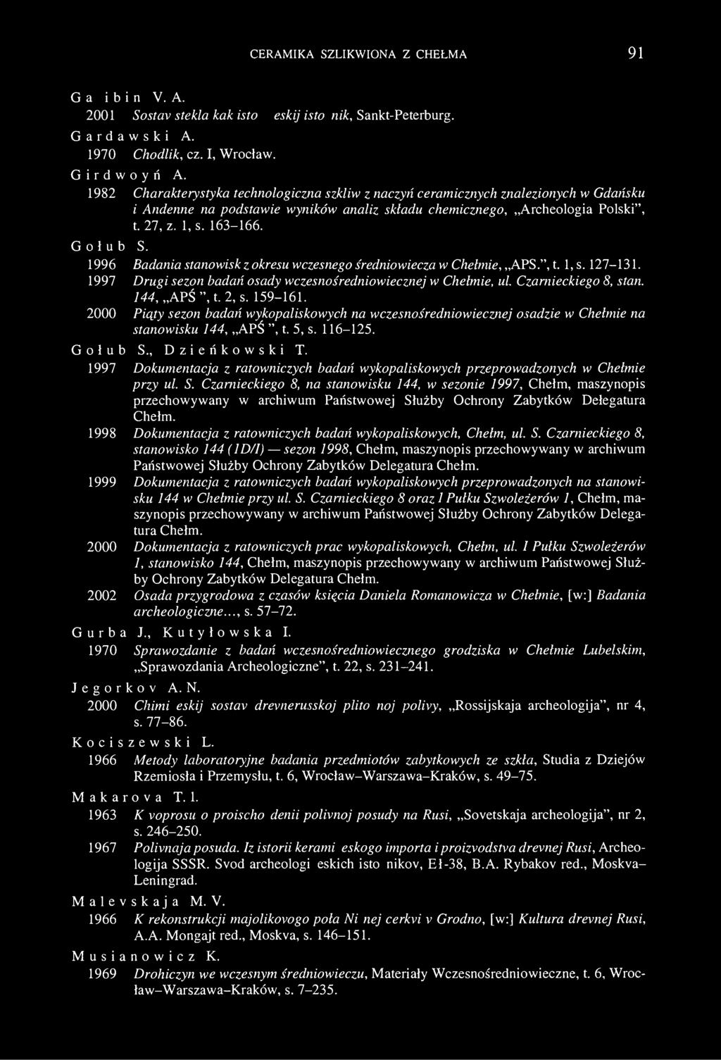 CERAMIKA SZLIKWIONA Z CHEŁMA 91 G a l i b i n V. A. 2001 Sostav stekla kak istoričeskij istočnik, Sankt-Peterburg. Gardawski A. 1970 Chodlik, cz. I, Wrocław. Girdwoyń A.