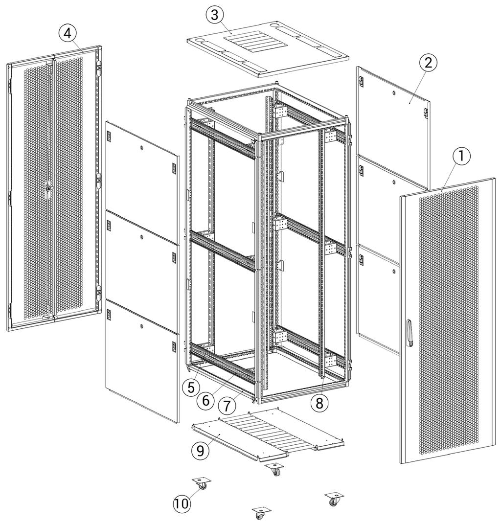SZAFY SERWEROWE 19 TOTEN SERIA H8 1) Drzwi frontowe perforowane 2) Panele boczne 3) Dach szafy 4) Tylne drzwi dzielone perforowane 5) Wspornik (dla szaf o szerokości 800 mm) 6) Wspornik poziomy 7)