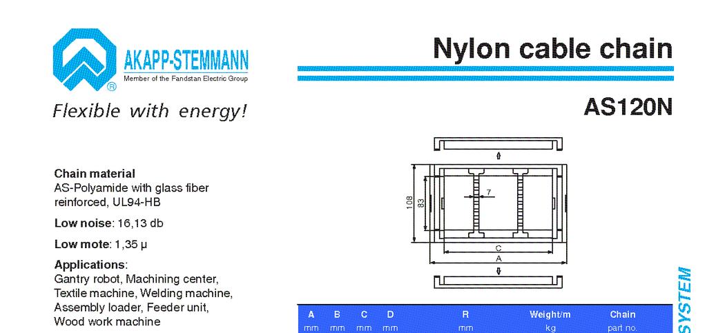 Nylonowy łańcuch kablowy Zastosowane tworzywo Poliamid AS wzmocniony włóknem szklanym, UL94-HB Niski poziom hałasu: 16,13 db Zastosowania: Obrabiarki do metalu i drewna, maszyny włókiennicze,