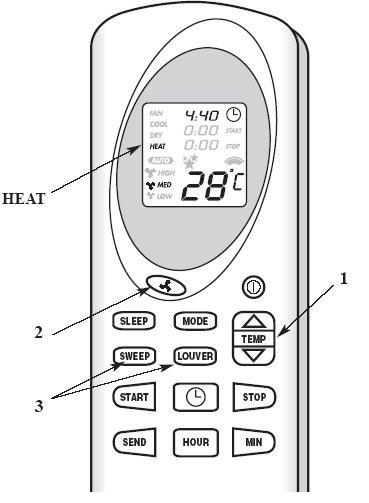 2.4) "FAN" WENTYLOWANIE Za pomocą przycisku MODE wybierz tryb FAN. W tym trybie klimatyzator pracuje jako elektryczny wentylator, bez obiegu chłodniczego.