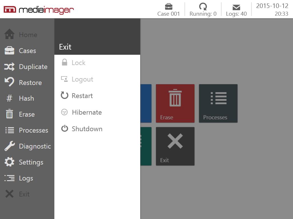 Wyłączenie urządzenia Aby wyłączyć MediaImager GM4 naciśnij kafelek Shutdown w menu głównym. Dodatkową możliwością jest kliknięcia przycisku Exit z panelu po lewej stronie aplikacji.