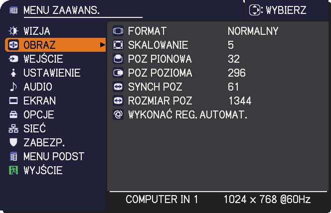 Menu OBRAZ Menu OBRAZ Z menu OBRAZ można realizować pozycje przedstawione w tablicy poniżej.