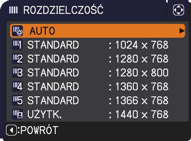 Menu WEJŚCIE Funkcja ROZDZIELCZOŚĆ Opis Rozdzielczość dla sygnałów wejściowych COMPUTER IN1, COMPUTER IN2 może być ustawiana na projektorze.