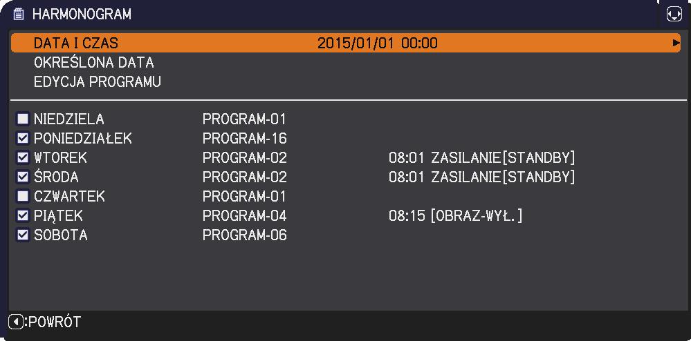 Menu OPCJE Funkcja MÓJ PRZYCISK (ciąg dalszy) Opis AKT.PRZESŁ.: Zmienia tryb pracy aktywnej przysłony. TRYB OBRAZU: Powoduje zmianę trybu WIZJA ( 33).