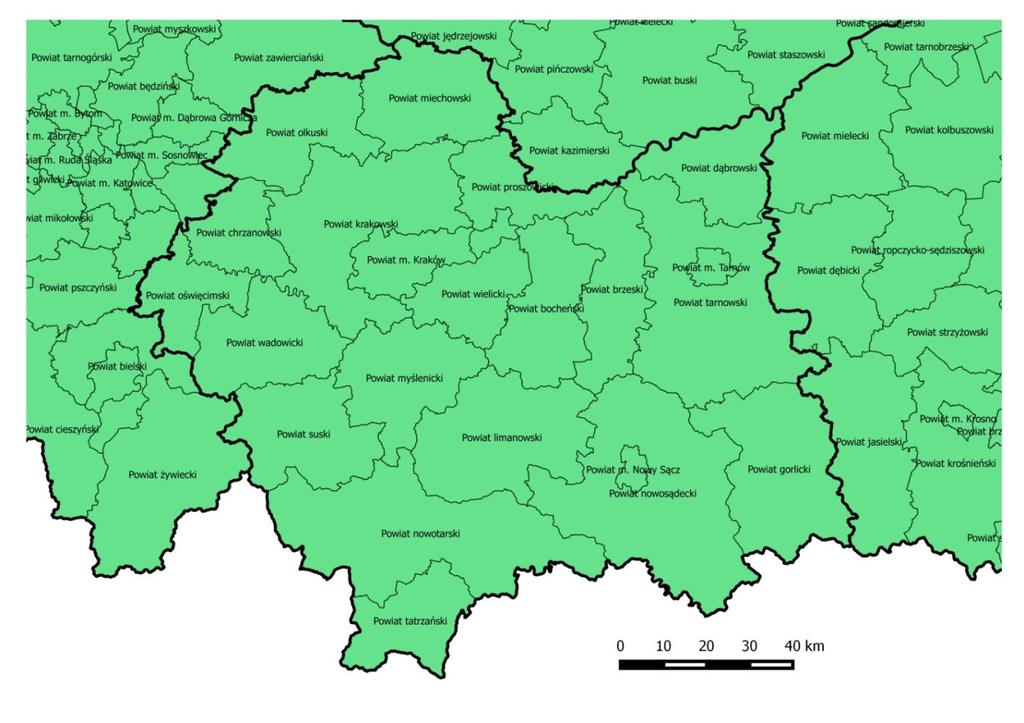 Rys. 1. Podział administracyjny województwa małopolskiego Gęstość zaludnienia w województwie małopolskim wynosi 221 os/km 2 i jest niemal dwukrotnie większa od wskaźnika dla kraju (123 os/km 2 ).