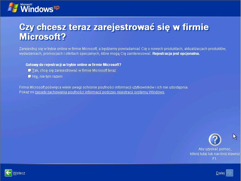 Krok 17 Windows XP Professional wyświetli okno "Gotowy do aktywacji systemu Windows?". Jeśli masz już połączenie z Internetem kliknij Tak, a później Dalej.