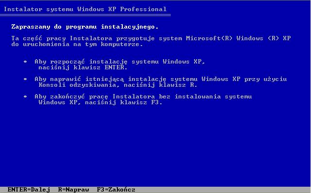 Krok 2 Pojawi się obraz instalatora systemu Windows XP Professional.