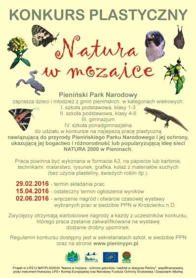 Konkurs plastyczny Ideą konkursu jest szerzenie wśród dzieci i młodzieży wiedzy o Pienińskim PN, przyrodzie, sposobach jej ochrony oraz o programie Natura 2000 Cztery grupy wiekowe I.
