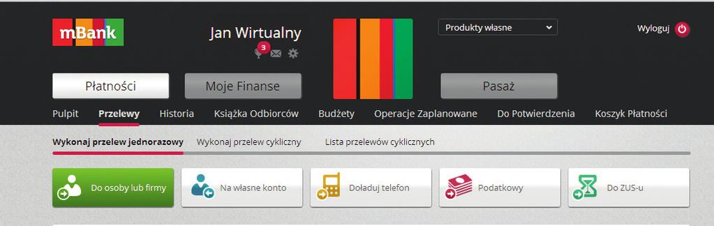 Jak wykoać pierwszy przelew iteretowy? Krok 1. Po poprawym zalogowaiu klikij w zakładkę Przelewy w górym meu i wybierz iteresującą Cię opcję (p. do osoby lub firmy). Krok 2.