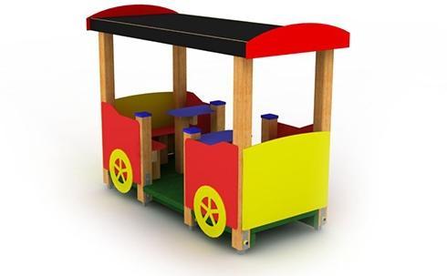 Wagonik PRO PJ 04 podest 90 x 200 cm z dachem płaskim, 2 x siedzisko, 2 x stolik słupy nośne 10x10 cm drewno klejone, montaż na kotwach stalowych cynkowanych ogniowo, barierki + elementy ozdobne -