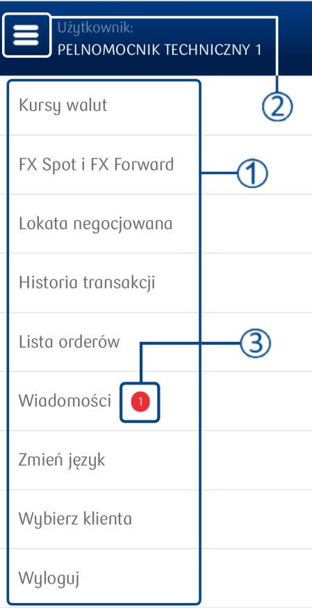 Po lewej stronie otwarta zostanie zakładka nawigacyjna, w której znajduje się lista opcji prowadzących do różnych funkcjonalności w systemie: Lista pozycji menu nawigacyjnego lista zawierająca