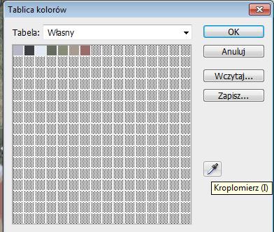 W pierwszej kolejności należy zlokalizować interesującą nas próbkę koloru w Tabeli kolorów. W tym celu wybieramy Kroplomierz umieszczony w oknie dialogowym.