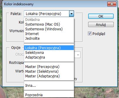 Opcje dotyczące przekształcania obrazu RGB na obraz w trybie Kolor indeksowany znajdują się w oknie dialogowym Kolor indeksowany.