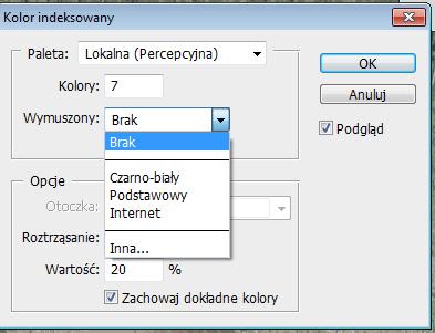 Lokalna (Selektywna) Tablica kolorów, która powstanie na podstawie tej palety będzie zbliżona do palety Lokalnej (Percepcyjnej) z preferencją do dużych obszarów kolorów i kolorów, które najlepiej