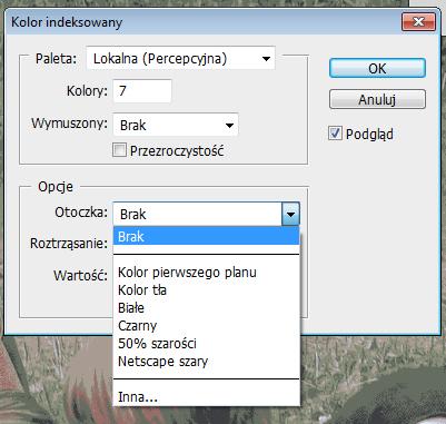 Otoczka Opcja określa kolor tła, używany do wypełniania obszarów w sąsiedztwie obszarów przezroczystych. Gdy zaznaczymy opcję Przezroczystość kolor otoczki nie będzie aktywny.