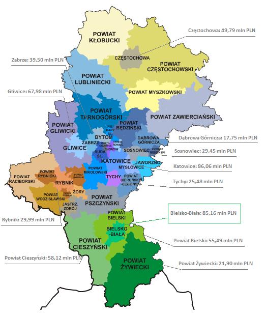 Środki UE (2007-2013) pozyskiwane przez sektor przedsiębiorstw Mapa dofinansowania RPO Województwa Śląskiego na lata 2007-2013 Priorytety I i III Działania dla sektora mikro, MŚP (wg siedziby