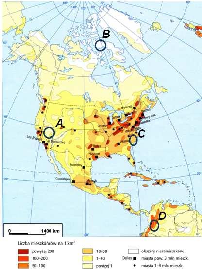 116 Egzamin maturalny. Geografia. Poziom rozszerzony. Zbiór zadań Zadanie 197. Na mapie gęstości zaludnienia literami A D oznaczono cztery obszary.