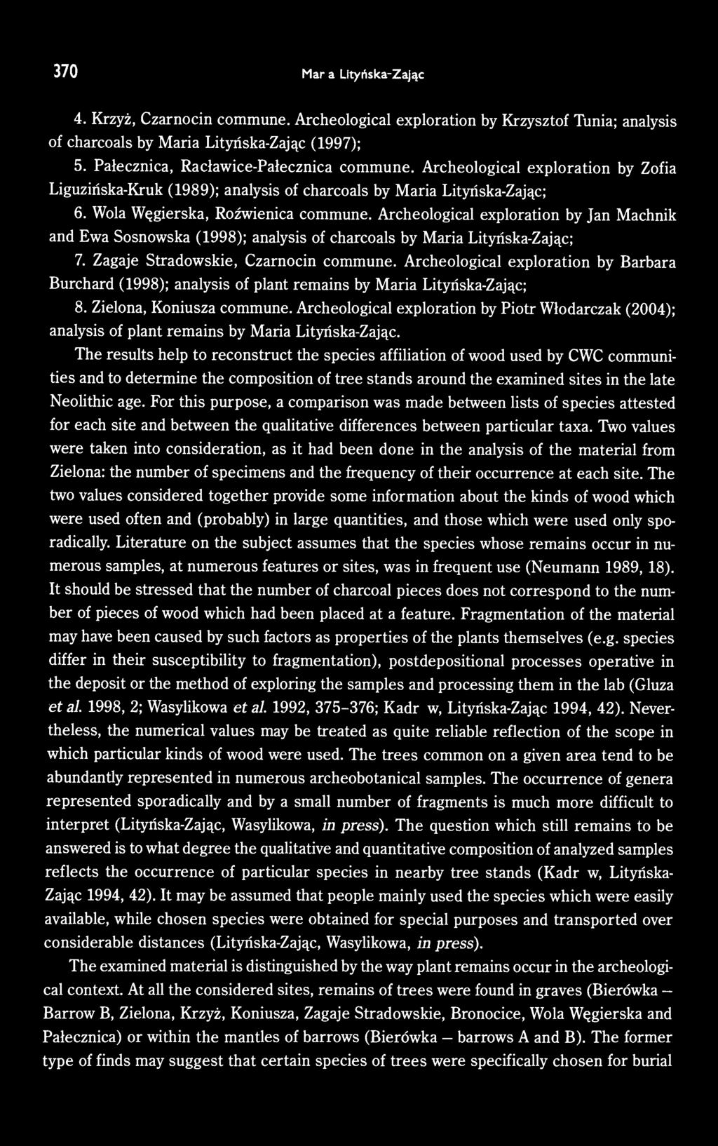 Archeological exploration by Jan Machnik and Ewa Sosnowska (1998); analysis of charcoals by Maria Lityńska-Zając; 7. Zagaje Stradowskie, Czarnocin commune.