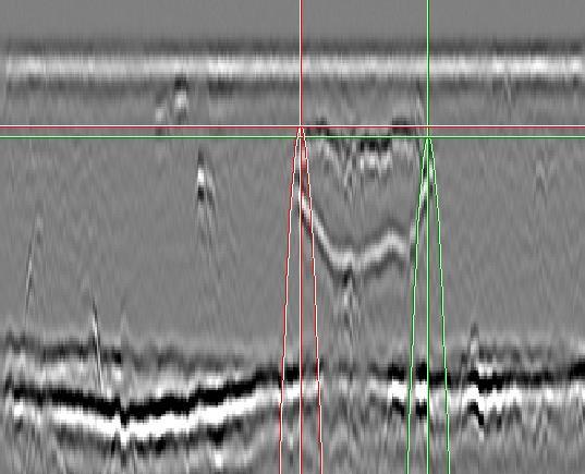 Wyznaczenie położeń oraz długości i wysokości wskazań W przypadku wskazań punktowych wyznacza się jedynie położenie wskazania na osi długości oraz głębokości dopasowując kursor hiperboliczny do