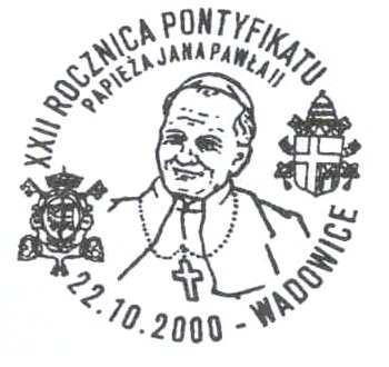 wizerunek papieża Jana Pawła II w mitrze z uniesioną ręką, krzyżem pasterskimi tekst : XXII