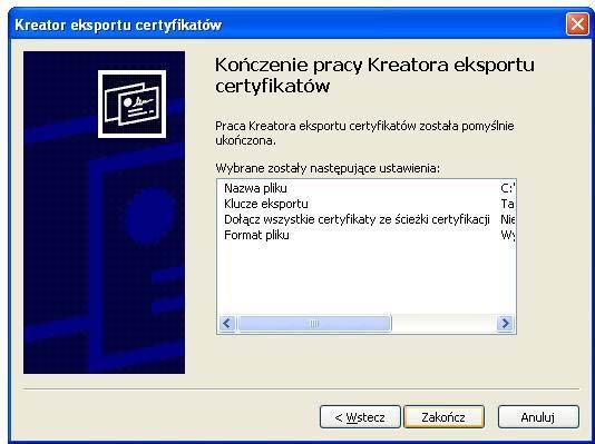Kończymy eksportowanie kopii zapasowej certyfikatu serwera za pomocą kreatora. Plik zostanie zapisany na c:\certyfikaty.