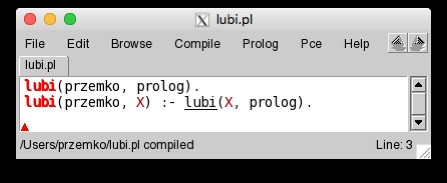 Rysunek 1: Okno edytora Emacs. Zwróć uwagę na konieczność ujęcia nazwy pliku między apostrofy i użycie domyślnego dla SWI-Prologu rozszerzenia.pl. Utwórzmy plik lubi.