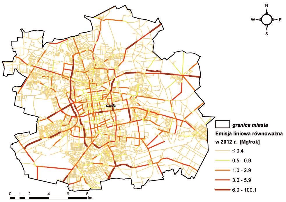 Powietrze Presje Mapa III.3 Równoważna emisja liniowa w Łodzi wg danych 20